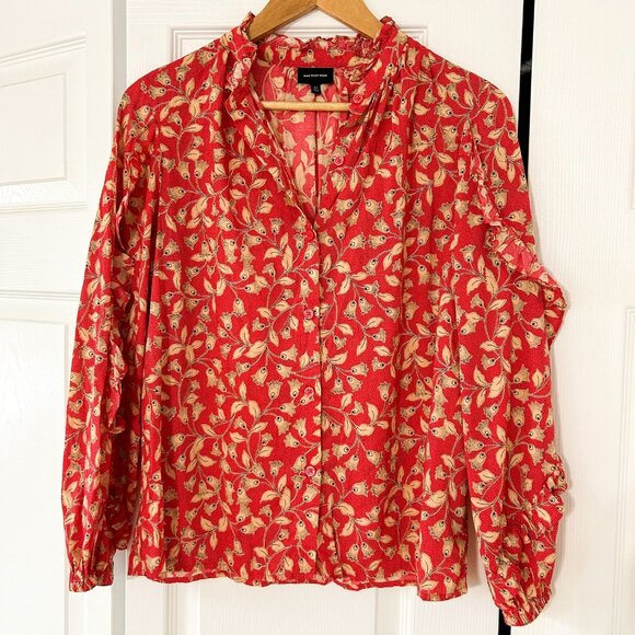 Who What Wear Red Floral High Neck Blouse Ruffle Trim Women’s Size Medium EUC - Picture 2 of 7